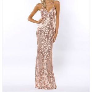 bariano rose gold sequin dress Bariano Collette Scoop Neck Pattern Sequin Formal Gown main image 0